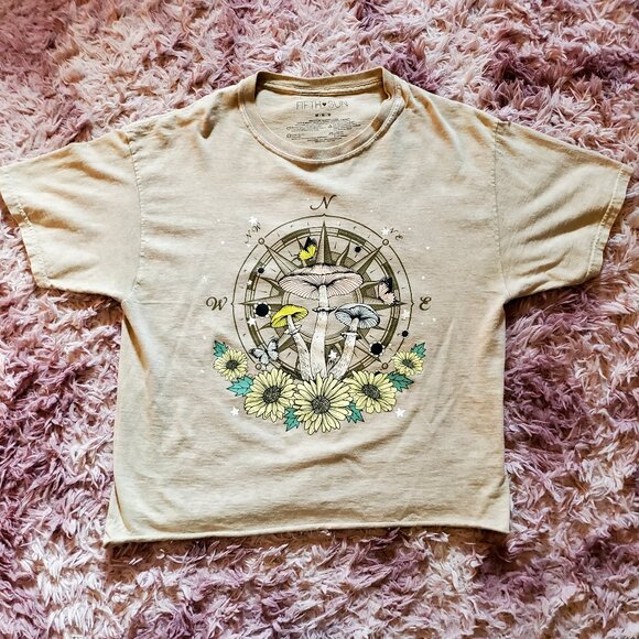 Fifth Sun Beige Mushroom and Flower Graphic Cropped Tee - Picture 2 of 4